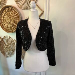 R&M RICHARDS Black Sequin Cropped Open Front Shrug Jacket Formal W Size S-B118